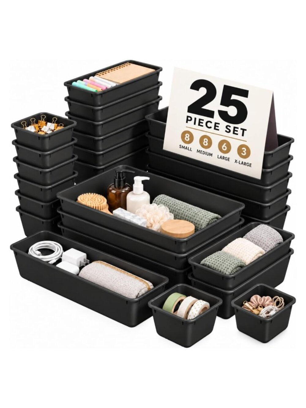 25 PCS Plastic Drawer Organizer Set 4 Sizes Stackable Storage Bins